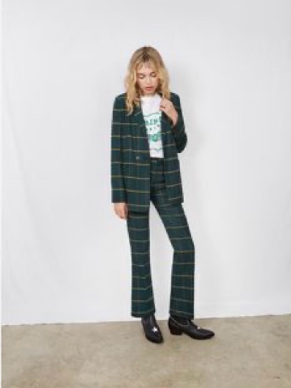 Anine Bing Cindy Bootcut/Kick Flare Check Plaid Green Black Yellow Pants S-M
